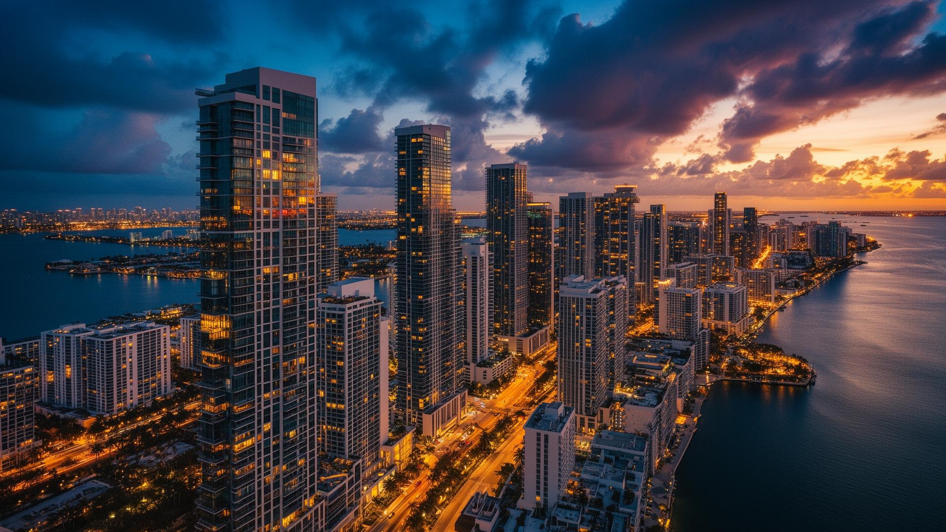 Brickell Miami skyline at dusk with illuminated luxury high-rises along Biscayne Bay